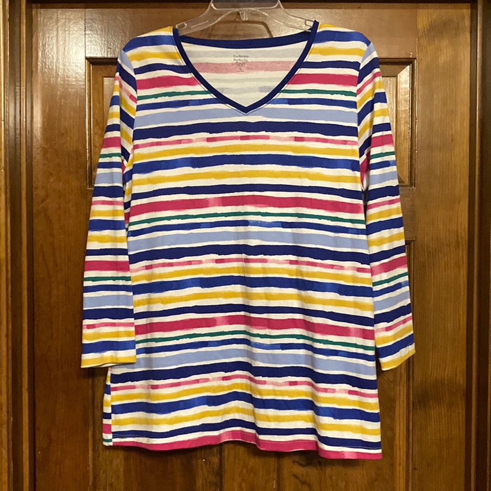 XL Kim Rogers Blue Multi-Color Striped Long Sleeved V-Neck Perfectly Soft Tee